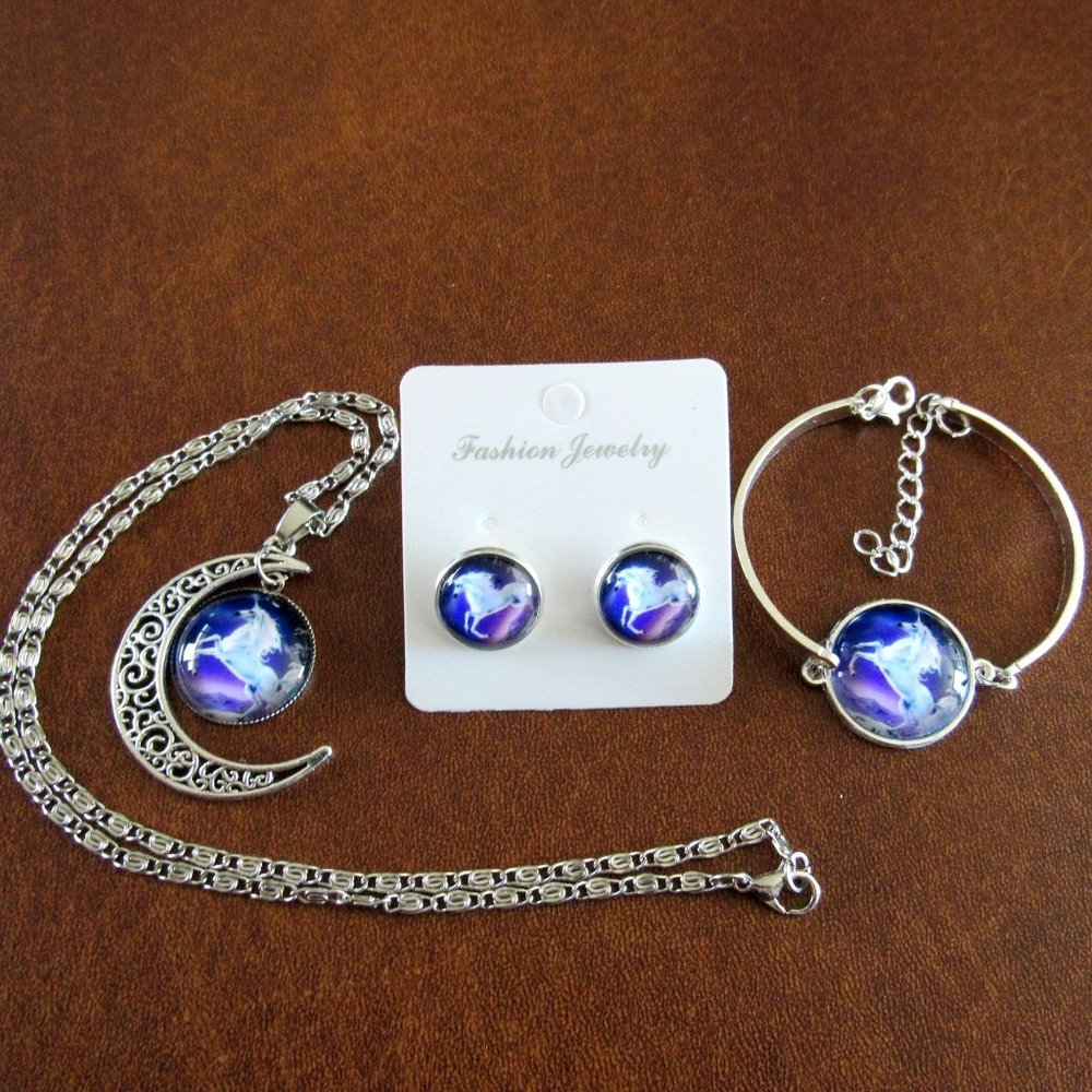 3 Piece Set Unicorn Silver Tone Glass Cabochon Jewelry Necklace Bracelet Earring
